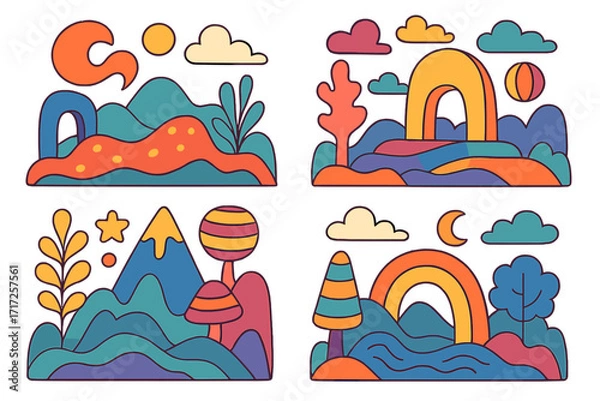 Obraz Groovy abstract nature landscapes collection. Set of four whimsical and surreal cartoon scenes with psychedelic mountains, rainbow, sun, moon, and trees. Vector sticker pack.