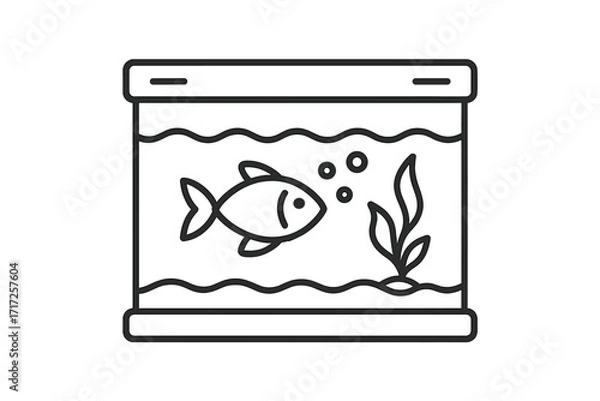 Obraz Aquarium line icon with a fish and aquatic plant. Simple fish tank vector illustration for pet shop logo or hobby symbol. Minimalist outline of aquatic life with bubbles.