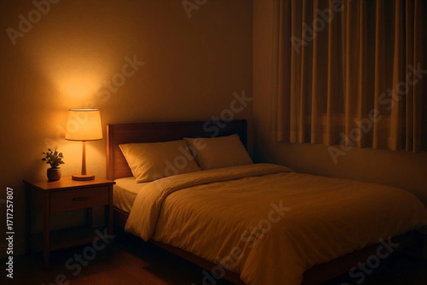Obraz 暖かな照明と観葉植物が置かれた寝室のベッド