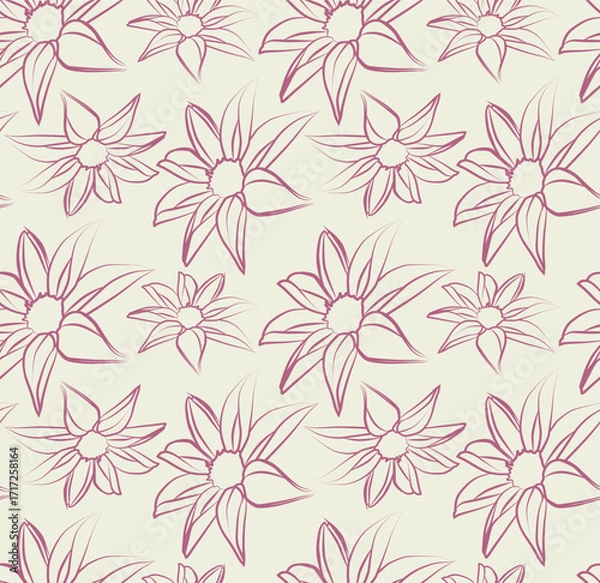Fototapeta Botanical line drawing seamless repeat, delicate floral pattern for fabric and wallpaper