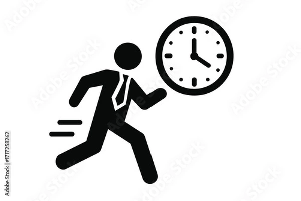Fototapeta Businessman rushing against time. Person running with clock. Metaphor for deadline pressure and urgency. Business schedule, appointment, and time management vector icon concept.
