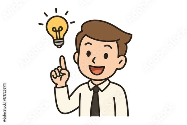 Fototapeta Man has a great idea. Light bulb over his head. Businessman eureka moment. Creative solution and inspiration concept. Innovation, insight, and problem-solving vector character.