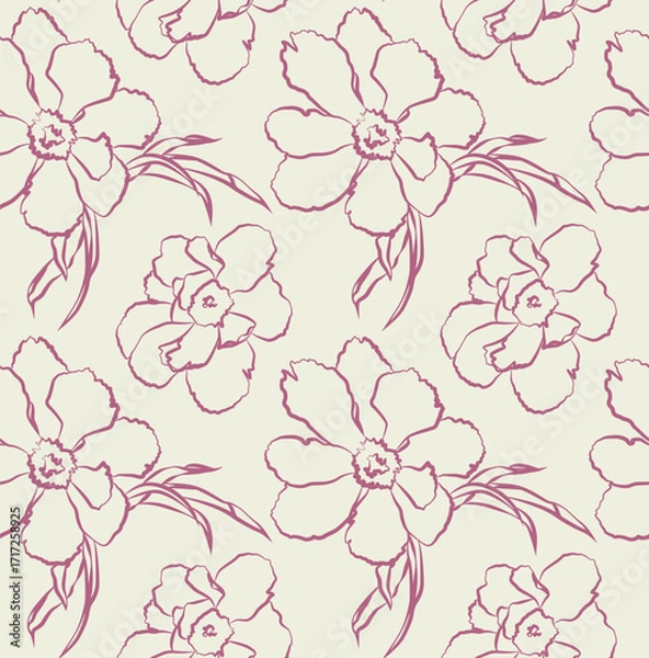 Fototapeta Contemporary floral line pattern, seamless botanical sketch background for surface art