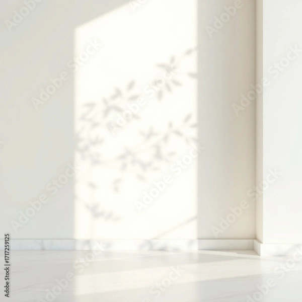 Fototapeta A simple, light background with soft leaf shadows on a pale wall and marble floor. Perfect for presentations.