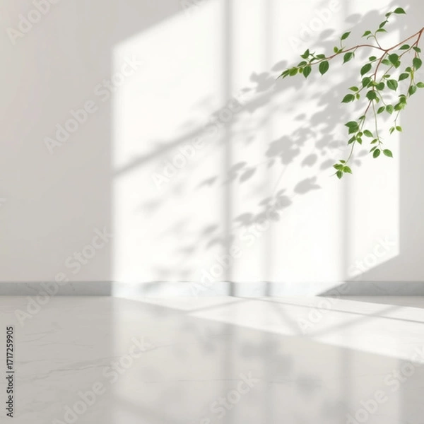 Fototapeta A simple, light background with soft leaf shadows on a pale wall and marble floor. Perfect for presentations.