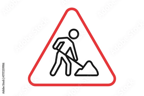 Fototapeta Roadwork symbol icon with man and shovel. Under construction line sign. Vector in red triangle for website maintenance, road work ahead alert, and traffic safety illustration.