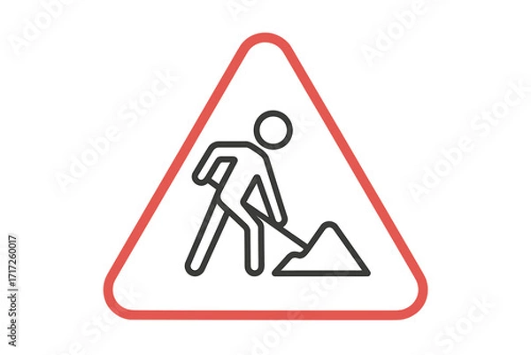 Fototapeta Road work warning sign with man and shovel. Men at work icon. Construction site symbol. Under maintenance concept. Caution traffic sign. Road repair worker pictogram in triangle.