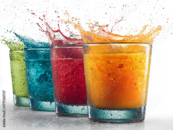 Obraz colorful drinks in glasses with splashes, isolated on a white background. close-up shot, 4k resolution, ultra-realistic, high-detail photography style.