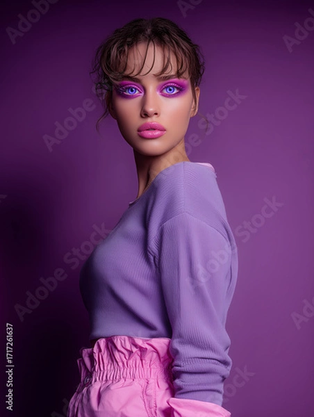 Obraz Portrait of a confident young  fashion model with pink colored eye brows  looking at the camera in purple background.  Pink, purple, confident.