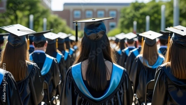 Fototapeta Graduates in caps and gowns walking on a sunny university campus.