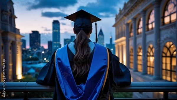 Fototapeta Graduate in Cap and Gown Gazes at City Skyline from University Balcony at Dusk.
