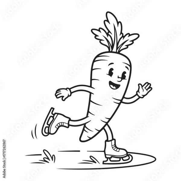 Fototapeta Cartoon carrot character ice skating on a white background