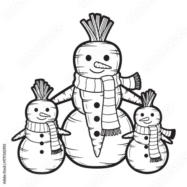 Fototapeta Illustration of three snowmen with carrot features design