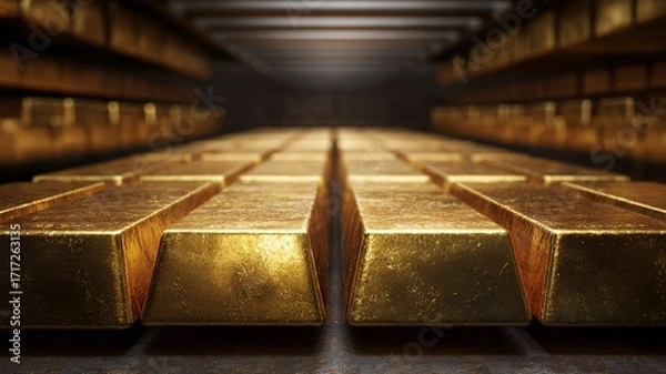 Fototapeta Image of gold bars stacked in a bank vault