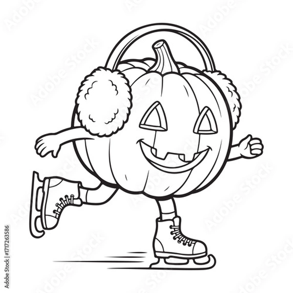 Fototapeta A pumpkin skating with earmuffs in a coloring book style