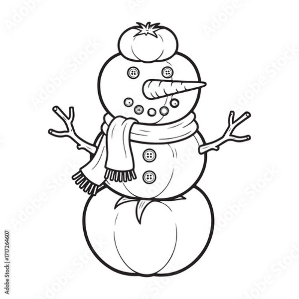 Fototapeta Outline of a snowman with carrot nose and button details