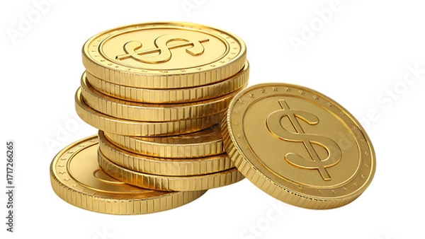 Fototapeta A stack of golden dollar coins with dollar signs on them against a black background in a close up view