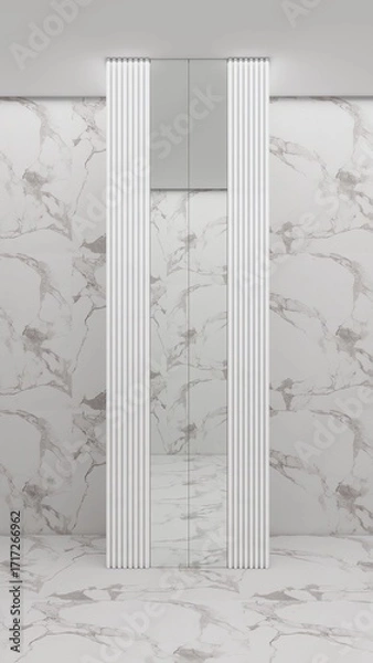 Obraz Modern marble elevator design with elegant mirrored doors, vertical white panel accents, and a sleek minimalist interior, blending luxury and contemporary style