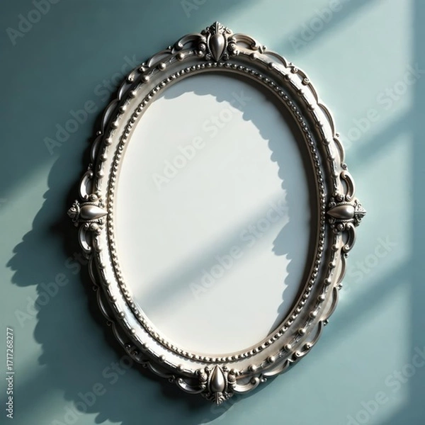 Fototapeta Antique silver oval frame, delicate lace pattern, soft shadows , elegant, overhead, photography