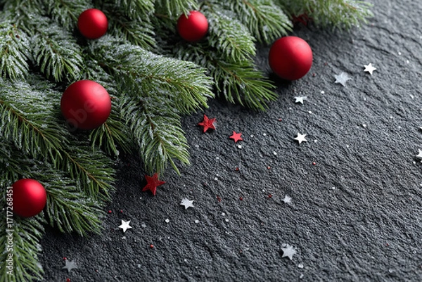 Fototapeta A festive Christmas decoration featuring pine branches adorned with vibrant red berries and sparkling red star ornaments on a dark textured background