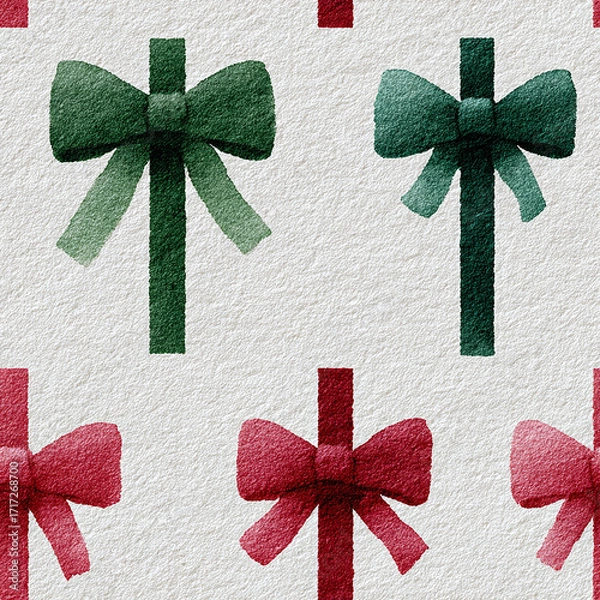 Fototapeta A seamless festive pattern featuring red and green plaid bows evenly scattered on a cream background perfect for holiday wrapping and seasonal decorations