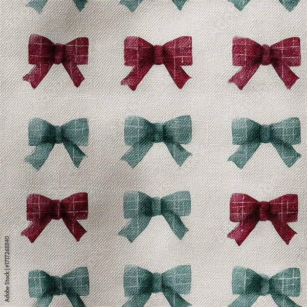 Fototapeta A seamless festive pattern featuring red and green plaid bows evenly scattered on a cream background perfect for holiday wrapping and seasonal decorations