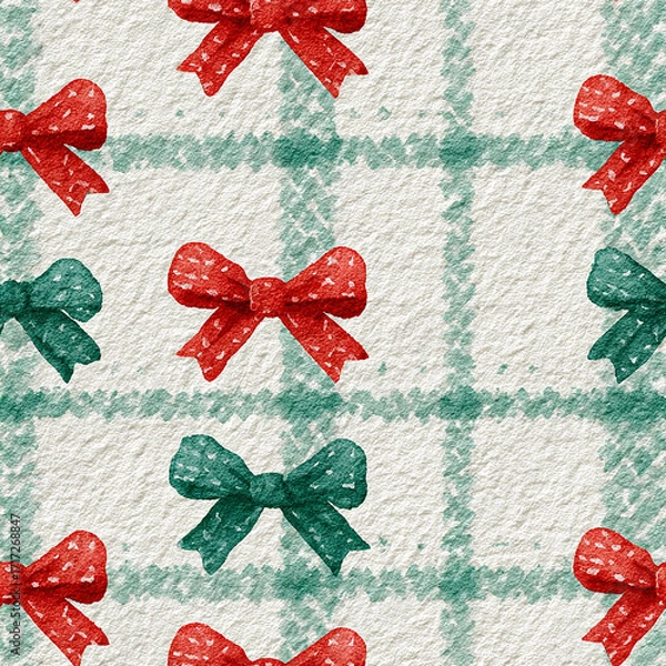 Fototapeta A seamless festive pattern featuring red and green plaid bows evenly scattered on a cream background perfect for holiday wrapping and seasonal decorations
