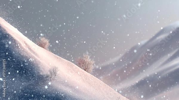 Fototapeta A serene snowy mountain landscape with gentle snowfall over pine trees and softly illuminated hills under a moody winter sky