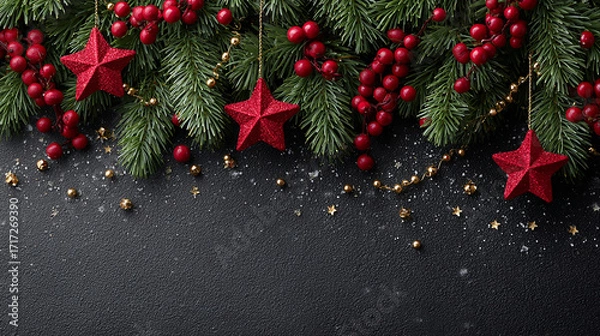 Fototapeta A festive Christmas decoration featuring pine branches adorned with vibrant red berries and sparkling red star ornaments on a dark textured background