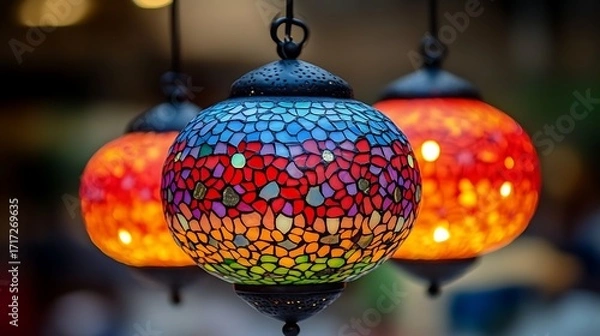 Obraz Colorful mosaic lamps hanging in a row