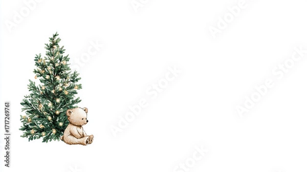 Fototapeta A cozy Christmas scene with a softly lit pine tree decorated with glowing lights and a plush teddy bear sitting beside it on a white background