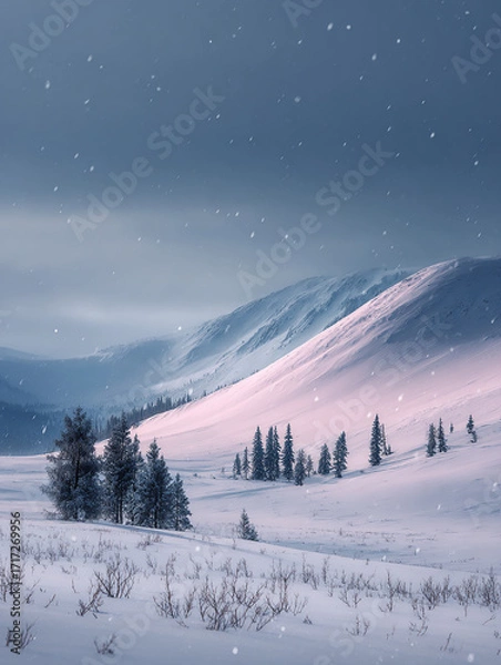 Fototapeta A serene snowy mountain landscape with gentle snowfall over pine trees and softly illuminated hills under a moody winter sky
