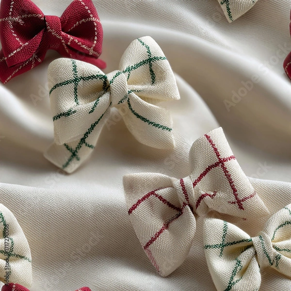 Fototapeta A seamless festive pattern featuring red and green plaid bows evenly scattered on a cream background perfect for holiday wrapping and seasonal decorations