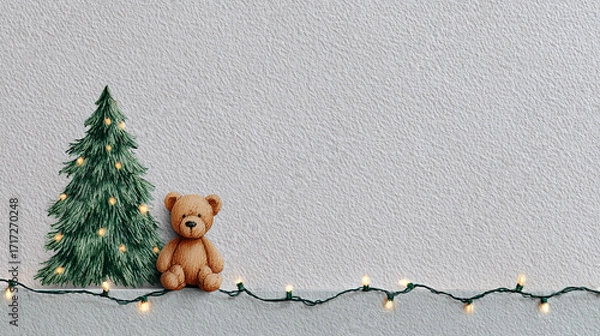 Fototapeta A cozy Christmas scene with a softly lit pine tree decorated with glowing lights and a plush teddy bear sitting beside it on a white background