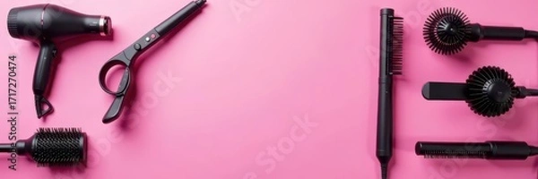 Fototapeta Assorted hair styling tools neatly displayed Pink surface , accessories, brushes, salon tools