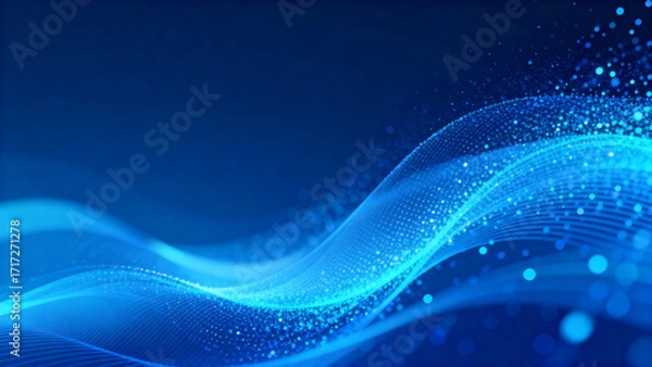 Fototapeta Abstract blue wave pattern with glowing particles and digital lines on a dark background