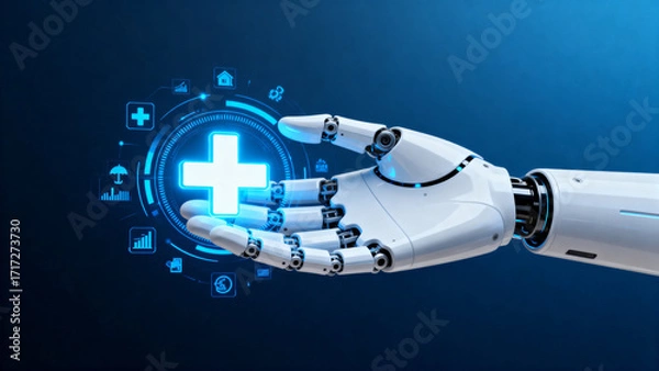 Fototapeta Robotic hand holding a glowing medical cross with digital health icons in a futuristic interface