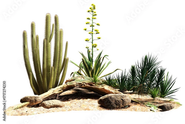 Fototapeta Description of the image in 12 words this picture shows desert plants like cacti yucca and agave with rocks.
