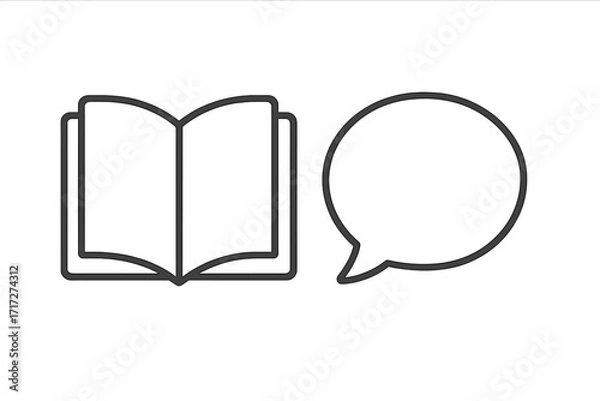 Obraz Open book and speech bubble icon. Vector line art concept for storytelling, education, communication. Symbol for reading, knowledge, learning, dialogue, and discussion.