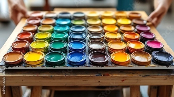 Obraz Colorful paint containers arranged in a grid on a wooden easel. Hands are visible