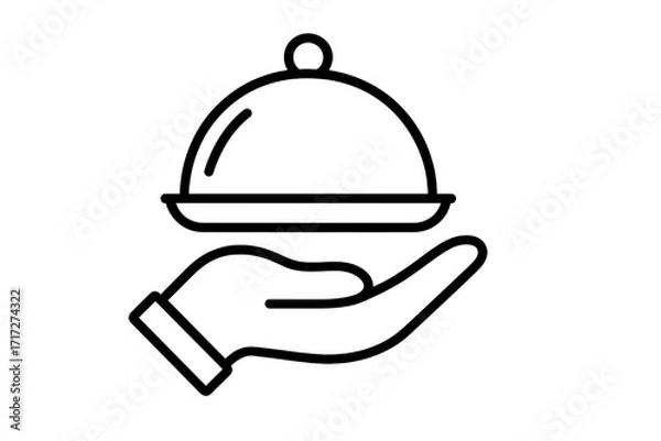 Obraz Hand holding cloche tray. Restaurant food service icon. Waiter serving dish concept. Catering, delivery and hospitality symbol. Vector outline for logo, app, web design.