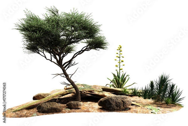 Fototapeta Tree rocks and desert plants on dry ground.