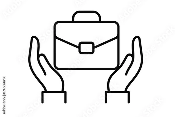 Obraz Hands hold briefcase icon. Business support, job insurance concept. Career safety. Financial services. Corporate deal, secure investment. Professional portfolio. Outline vector.