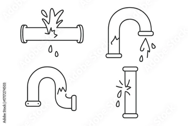 Obraz Broken pipe line art icon set. Leaking pipeline vector. Burst water pipe, plumbing damage. Water leakage, pipe crack outline symbol. Plumber emergency, maintenance concept.