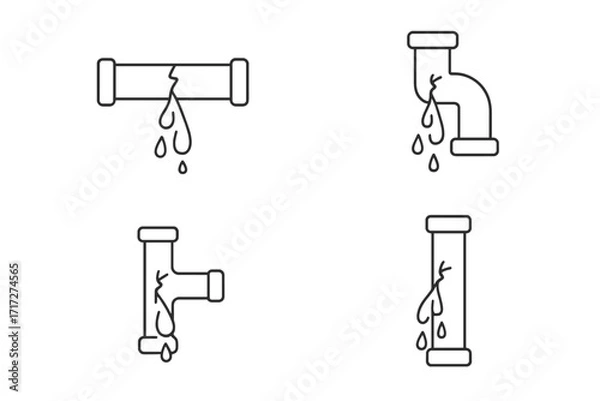 Obraz Broken pipe vector icon set. Water leak dripping from cracked pipeline. Thin line art illustration for plumbing emergency, burst pipe repair, and home water damage concepts.