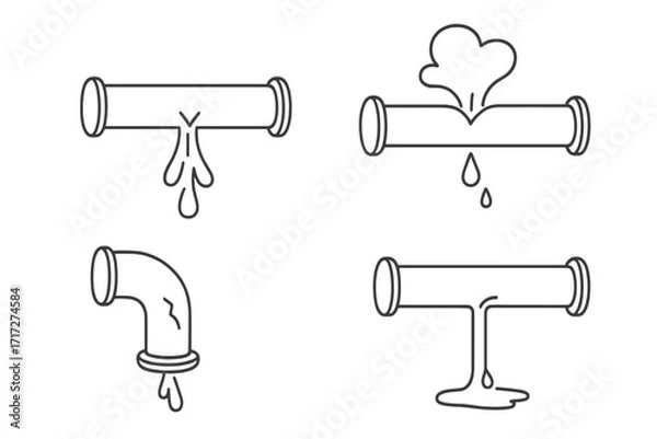 Obraz Broken pipe line icon set. Leaking water tube, plumbing problem vector collection. Burst pipeline, damage, drip, leak concept. Plumber service illustration. Emergency repair symbol.