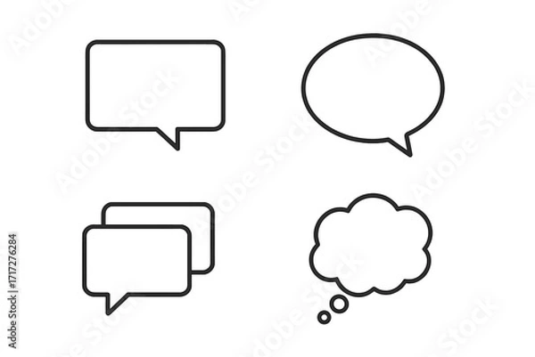 Fototapeta Speech bubble and thought bubble outline icon set. Communication, conversation, and dialogue concept. Chat message, comment, and thinking pictogram for web and graphic design.
