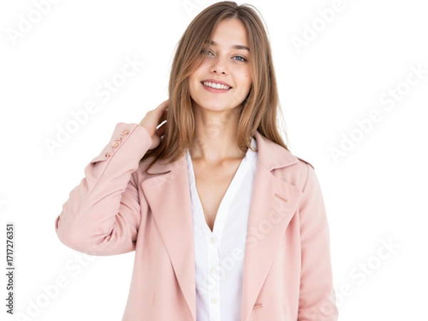 Fototapeta Smiling woman in pink coat poses against a plain background, showcasing casual fashion in a studio setting