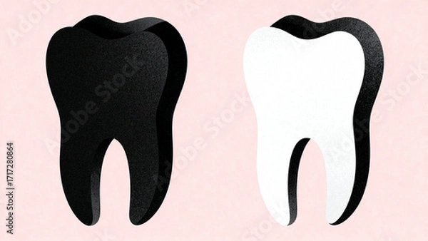 Fototapeta Comparison of black and white tooth illustrations on a pink background