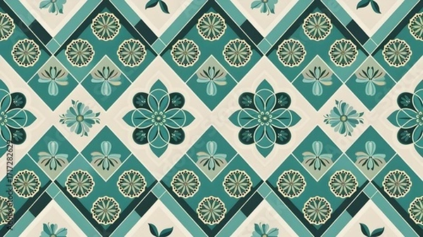 Fototapeta Moorish Tilework Chevron Pattern with Ornamental Dotted Spirals